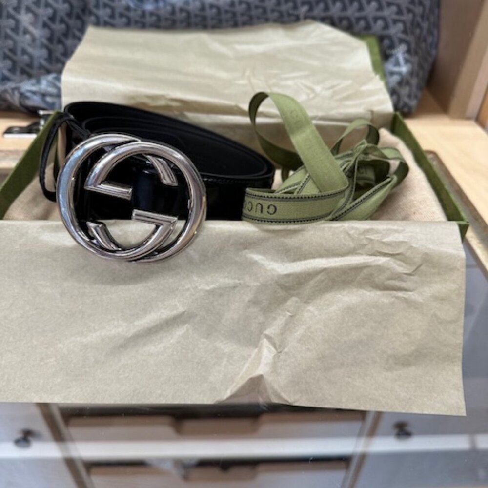 Gucci Interlocking G Logo Patent Leather Black Belt - Picture 8 of 8